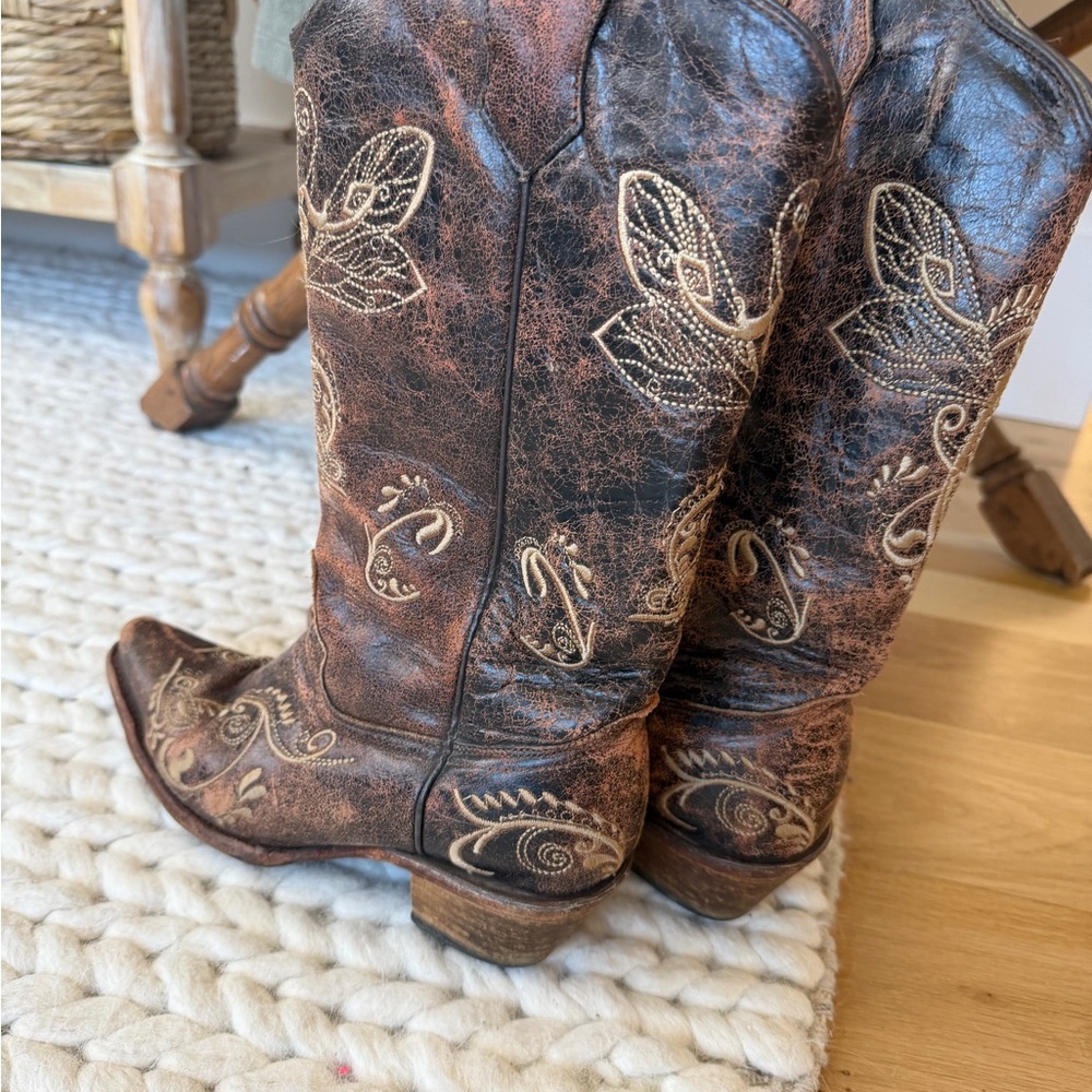 Embroidered Brown Leather Cowboy Boots - image 1